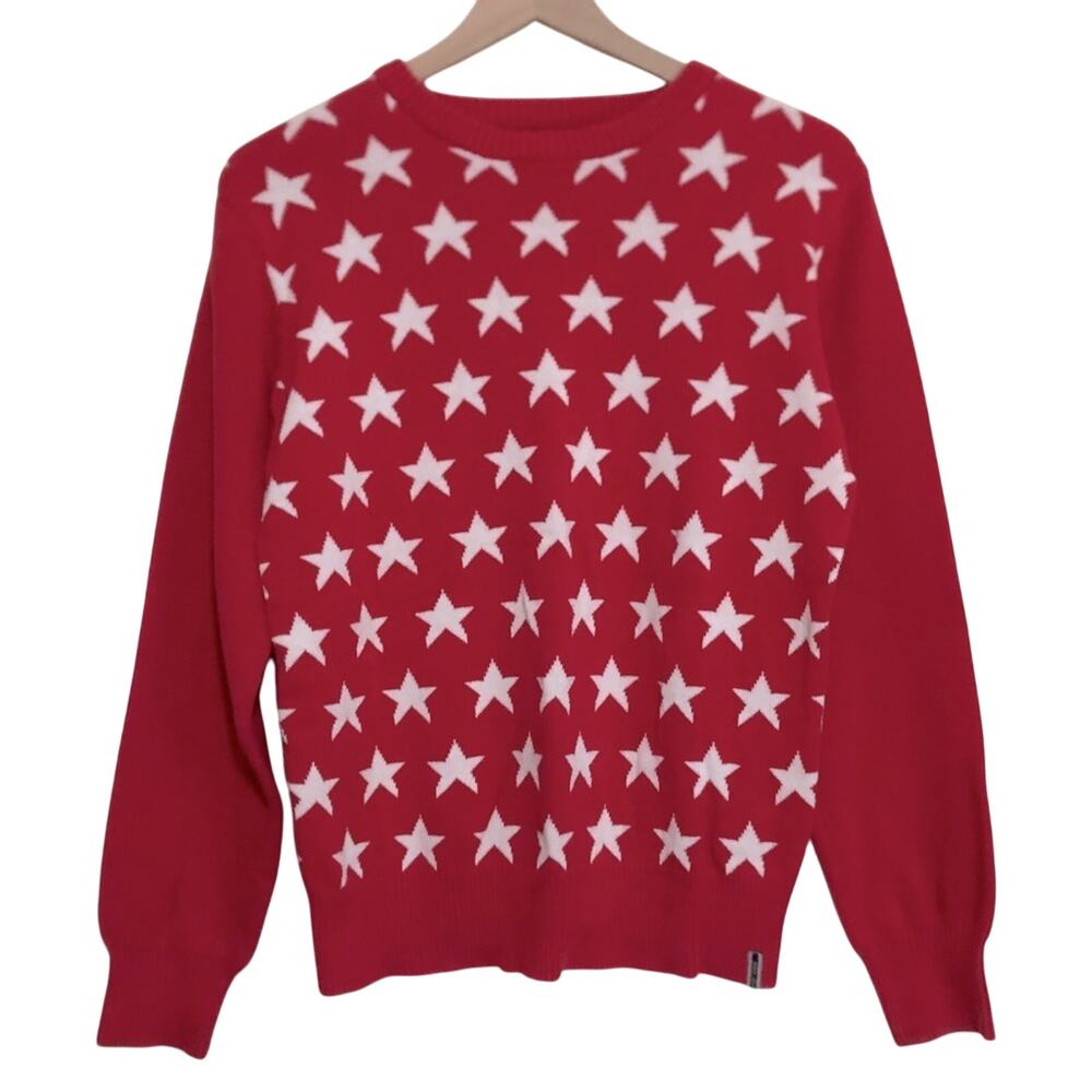 Vintage 90s Poco Loco Star Pattern Knit Cotton Red White Pullover Sweater Medium